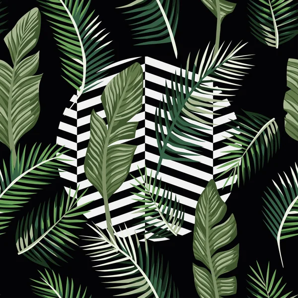 Feuilles Banane Palmier Vert Tropical Sur Fond Noir Avec Une — Image vectorielle