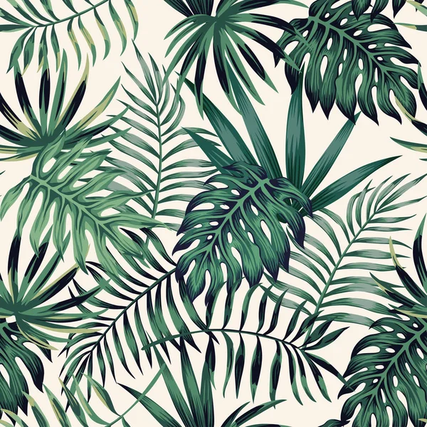 Palma Tropical Exótica Monstera Helecho Deja Patrón Sin Costuras Fondo — Vector de stock