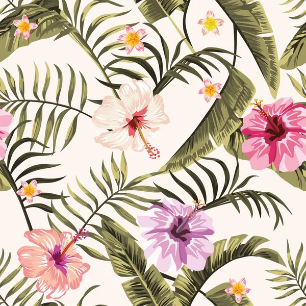 奇异的热带棕榈 鲜活的芙蓉 水仙花无缝图案的白色背景 丛林矢量花卉壁纸 — 图库矢量图片