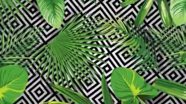 Gerçekçi tropik yeşil yapraklar yakınlaşıyor. Güzel 3d animasyon doğa vektör yeşilliği siyah beyaz geometrik arkaplan 4K yakın yakın. Egzotik görüntüler