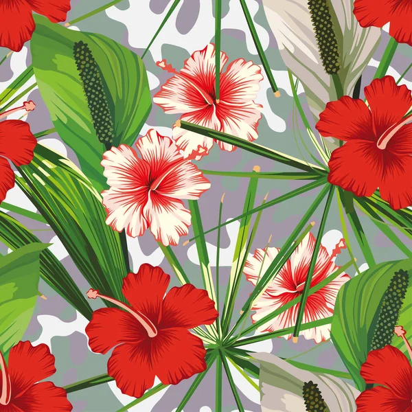 Flores Hibisco Rojo Blanco Con Hojas Verdes Sobre Fondo Camuflado — Archivo Imágenes Vectoriales