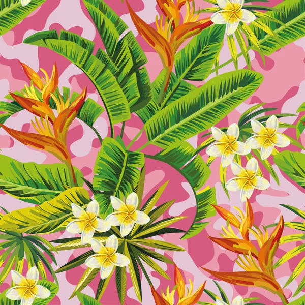 ピンク色のカモの背景にバナナのヤシの緑の葉を持つ熱帯エキゾチックなプルメリアの花 シームレスなパターン 流行の夏の壁紙 — ストックベクタ