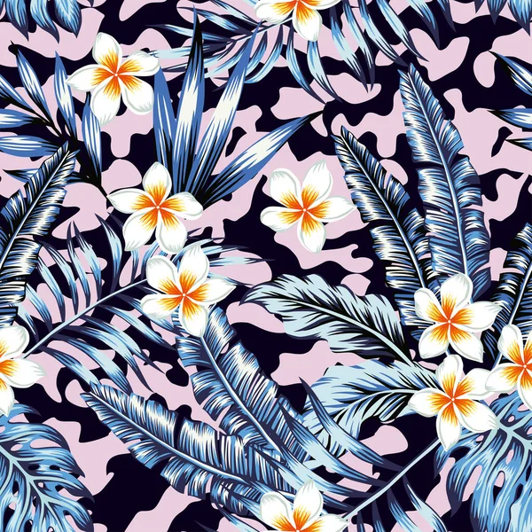 Plumeria Blommor Och Trendiga Blå Blommor Växt Djungel Tropisk Palm — Stock vektor