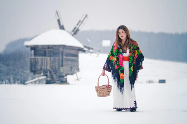 Ukrainsk flicka i Folkdräkt på vintern bakgrund med etniska byggnader — Stockfoto