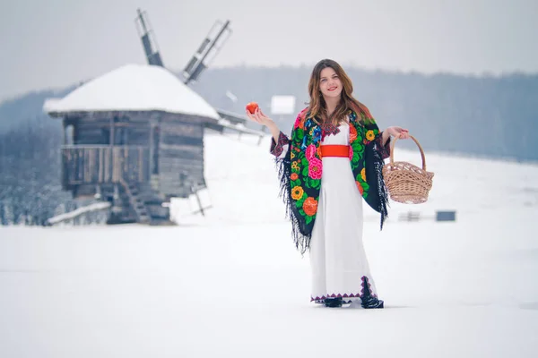 Ukraynalı kız bir sepet elma ile ulusal kostüm. Etnik yapılar ile kış arka plan — Stok fotoğraf