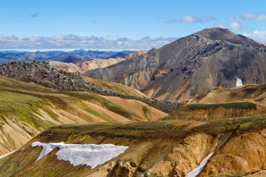 İzlanda dağ manzarası. Renkli volkanik dağlar Landmannalaugar geotermal. Laugavegur iz kısmı