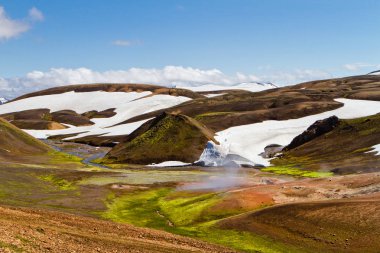 İzlanda dağ manzarası. Renkli volkanik dağlar Landmannalaugar geotermal. Laugavegur iz kısmı