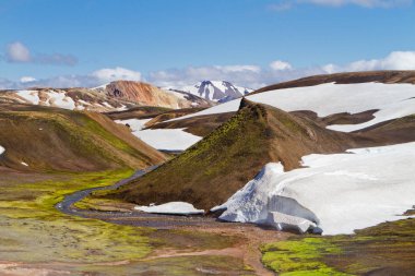 İzlanda dağ manzarası. Renkli volkanik dağlar Landmannalaugar geotermal. Laugavegur iz kısmı