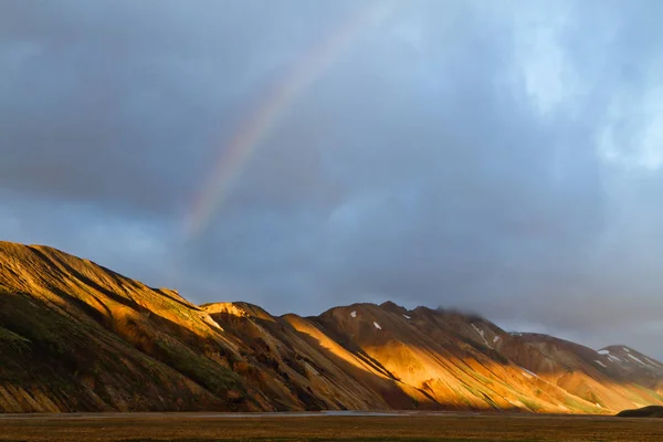 Icelandic mountain landscape at sunset. Colorful volcanic mountains in the Landmannalaugar geotermal area. One of the parts of Laugavegur trail