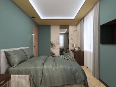 Yatak odası yeşil, dinlenme odası düz ev sahibi.