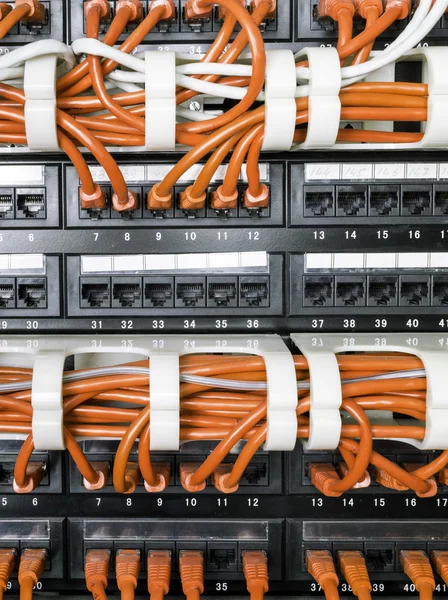 Nahaufnahme von gelben Netzwerkkabeln, die mit einem Switch verbunden sind — Stockfoto