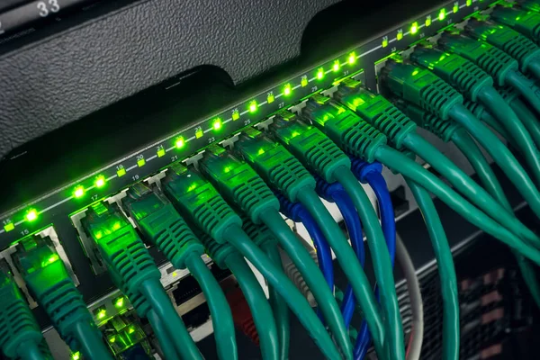 Parlayan geçiş yapmak için bağlı yeşil ağ kabloları yakın çekim