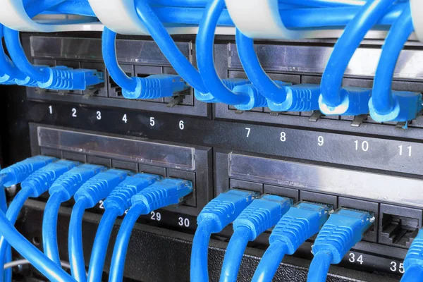 Server rack with blue cables — Stock Photo, Image