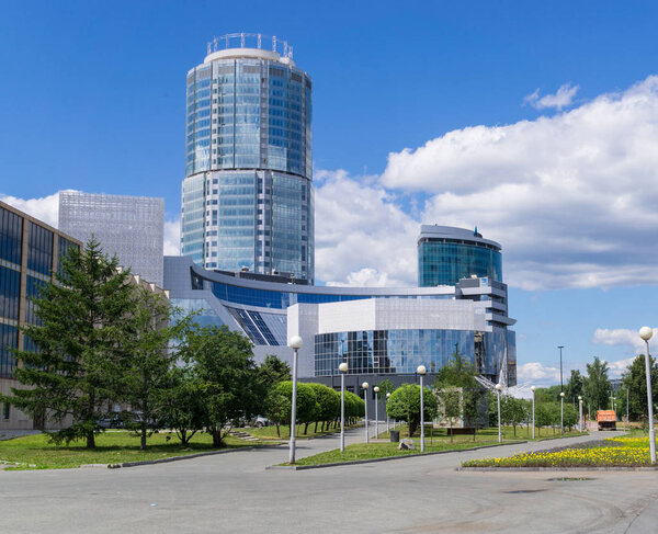 YEKATERINBURG, RUSSIA - JULY 07, 2016: Summer view of Boris Yeltsin Presidential Center (Yeltsin Center) and Iset Tower.