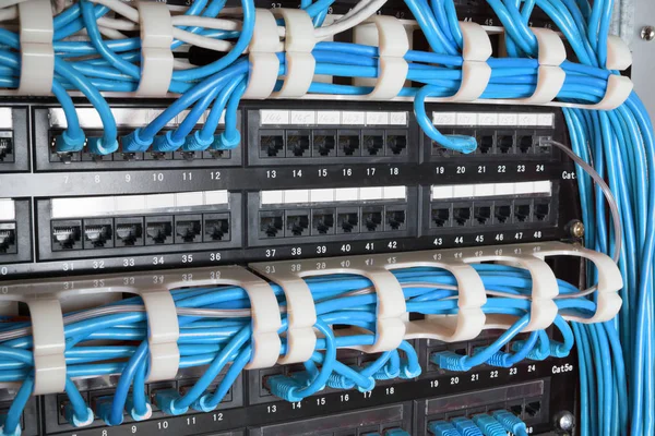 Serverrack med blå kablar — Stockfoto