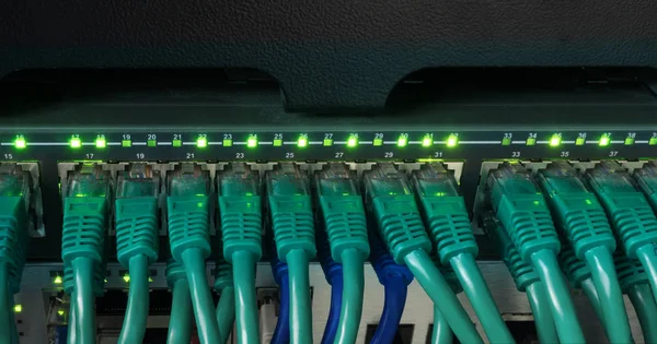 绿色网络电缆连接到交换机发光的特写 — 图库照片