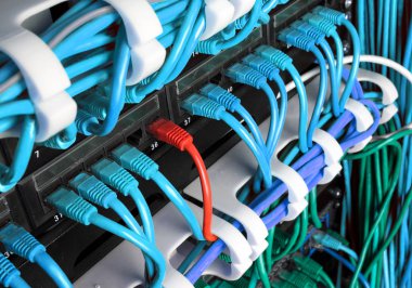 Mavi ve kırmızı Internet yama kablosu kablolar ile Server kabin