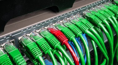 Yeşil ve kırmızı Internet yama kablosu kablolar ile Server kabin