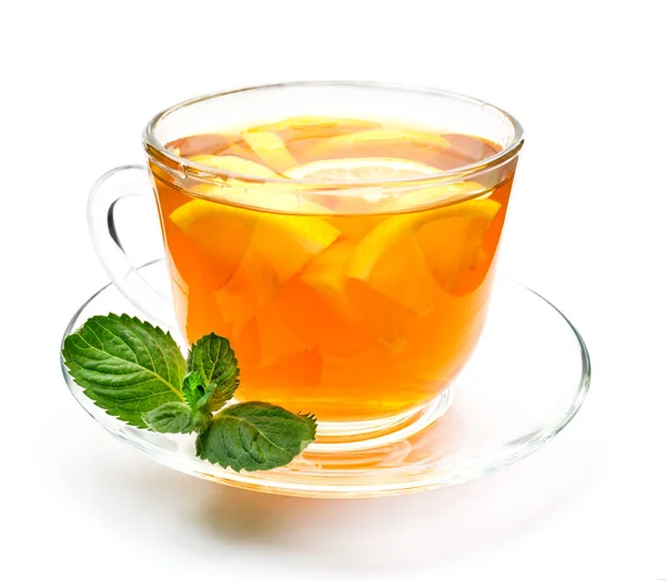 Isolated transparent cup of herbal tea with lemon and mint — Stock Photo, Image