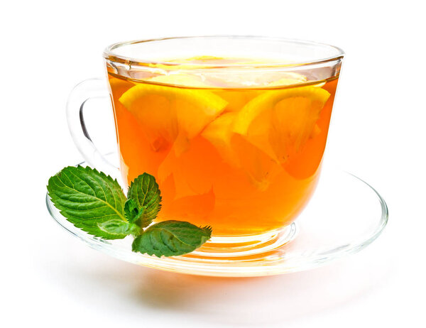 Isolated transparent cup of tea with lemon slice