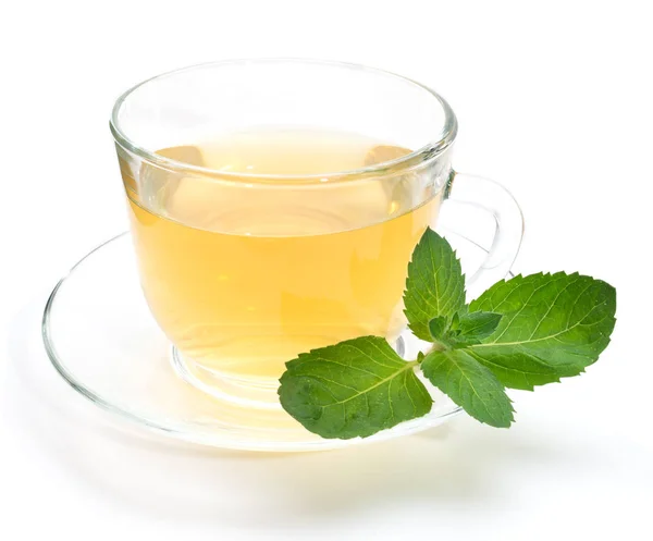 Green tea in transparent cup with mint leaves isolated on white — Stock Photo, Image