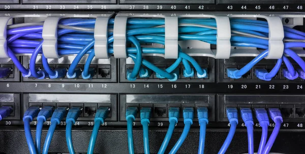 Serverschrank mit blauen Internet-Patchkabel — Stockfoto