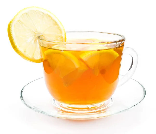 孤立透明杯茶，柠檬片 — 图库照片