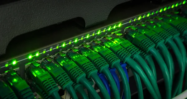 网络服务器面板、 开关、 跳线电缆数据中心 — 图库照片