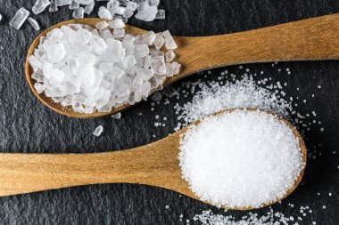 Tuz farklı türleri. İki tahta kaşıklar üzerinde Üstten Görünüm