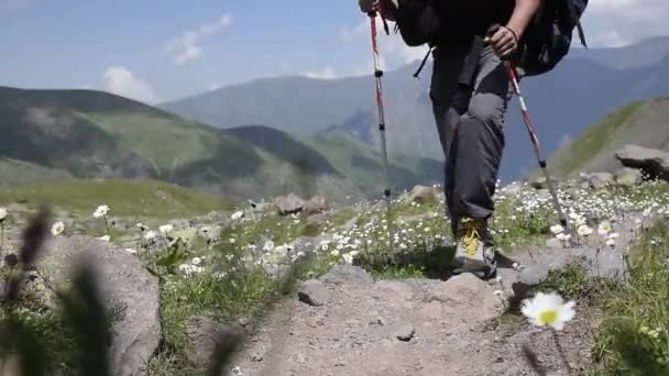 Homme marchant sur un sentier de montagne — Video