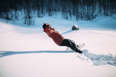 dağların karlı bir ormanda üzerinde turist atlar
