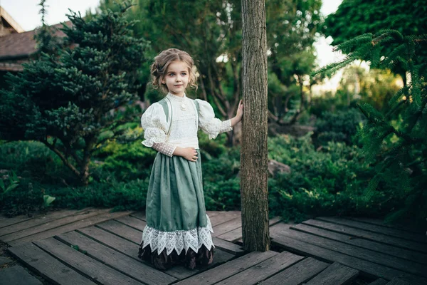 Girl Green White Dress Stands Tree Rests Background Trees Sky — Stock Photo, Image