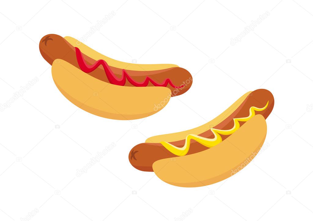 Hot dog with ketchup and mustard icon set vector