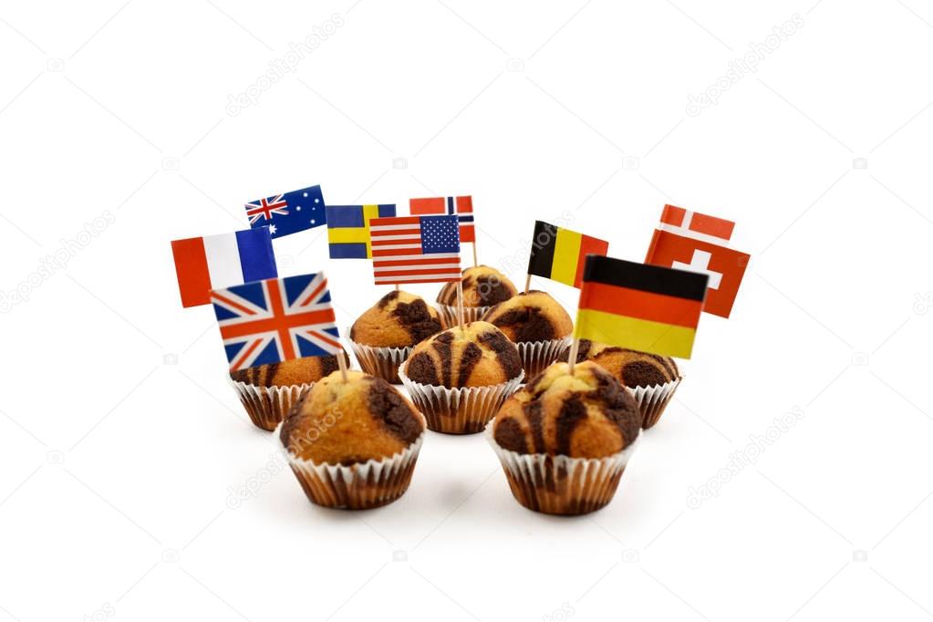 World Flag Toothpick stock images. Different types of flags. National flag on white background. National pastry images. Flag decorations for party. Muffins with flags