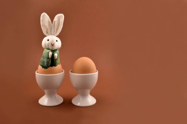 Cute little easter bunny and egg stock photo images. Adorable easter baby bunny and egg on a brown background. Small easter bunny in an egg stock images. Spring decoration photo