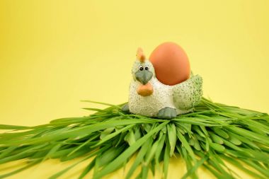 Tavuk yumurta hazır görüntüler. Paskalya yortusu yumurta sarı bir arka plan üzerinde. Bahar dekorasyon resimleri. Tavuk yumurta tutucu