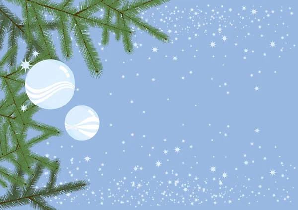 Blå jul bakgrund med bollar och gran kvist vektor — Stock vektor