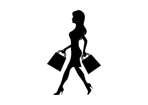 シルエット女性ショッピングバッグベクトルを保持 — ストックベクタ