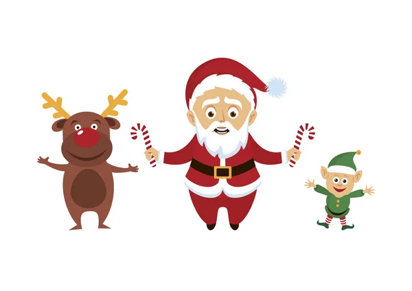 Santa Claus con renos y elfo icono conjunto vector — Vector de stock