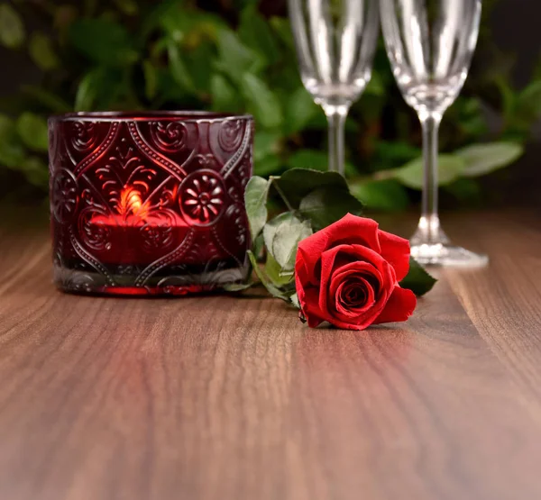Red Rose Candle Wooden Background Stock Images Romantic Still Life — ストック写真