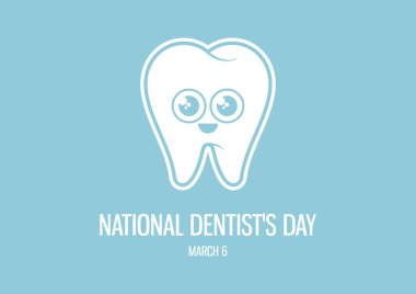 Ulusal dişçi günü vektör. Beyaz diş çizgi film. Sağlıklı diş vektör simgesi. Gülümseyen diş vektör çizim. 6 Mart, ulusal diş hekimleri günü. Önemli gün