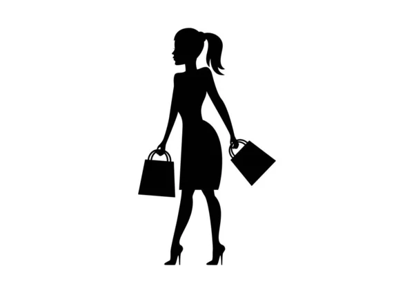 ショッピングバッグベクトルと女性のシルエット シルエットショッピングガールベクトル 白い背景に黒のアイコンをショッピング女性 ハイヒールの若い女性 魅力的な女の子のシルエット — ストックベクタ