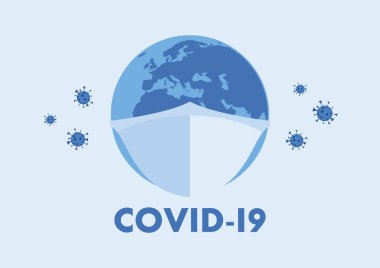 Koruyucu maske vektörüyle Dünya gezegeni. Coronavirus hastalığı COVID-2019 vektörü. Grip solunum vektörü. Dünya gezegeni tıbbi maske takıyor. Solunum hastalığı taşıyıcısı