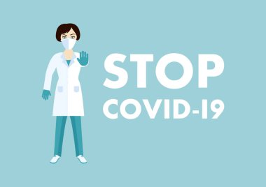 Coronavirus taşıyıcısını önlemek için koruyucu maske takan kadın doktor. Coronavirus hastalığı COVID-2019 taşıyıcısını durdurun. Grip solunum vektörü. Tıbbi maske ikonu olan kadın. Solunum hastalığı taşıyıcısı. Kadın bilim adamı vektörü