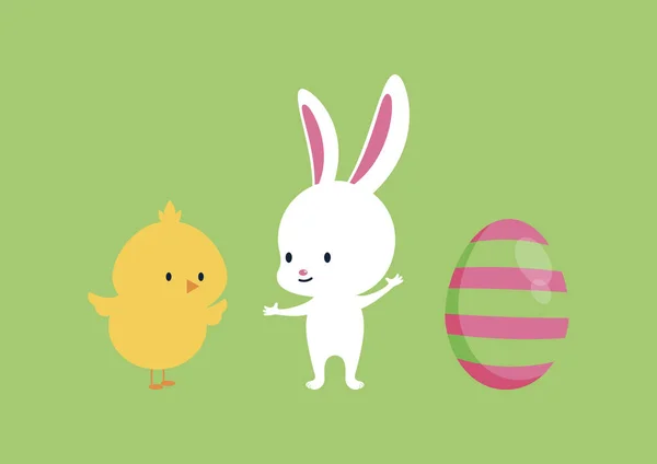 Conejo Pascua Pollo Con Huevo Pintado Vector Tarjeta Felicitación Pascua — Vector de stock