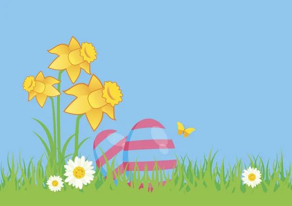 Easter Eggs Meadow Daffodils Vector Spring Easter Meadow Vector Easter — Image vectorielle