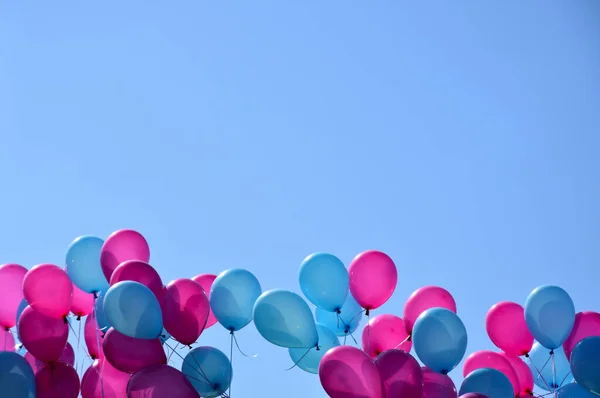Blue and pink balloons in the sky stock images. Blue and pink inflatable balloons stock images. Party balloons background with copy space for text. Party balloons blue frame