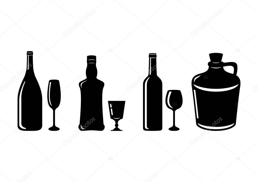 Alcohol bottle silhouette icon set vector. Different types of liquor bottles vector. Bottle and glass isolated on white background. Hard liquor icon. Hard alcohol silhouette vector