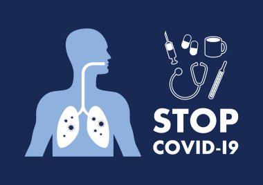 Hastalıklı akciğer taşıyıcısı olan adamla COVID-19 harflerini yazmayı bırak. Coronavirus COVID-19 solunum hastalığı taşıyıcısı. Enfekte olmuş akciğer vektör çizimi. Hastalıklı akciğer ikonu olan adam. Sağlıklı araç simgesi seti
