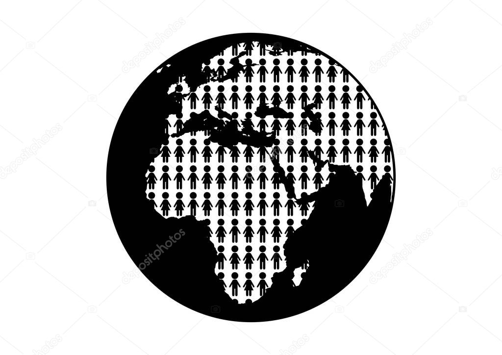 Population explosion on the planet Earth icon vector. Earth black silhouette icon. Human overpopulated planet vector. Global population problem icon. World population growth vector